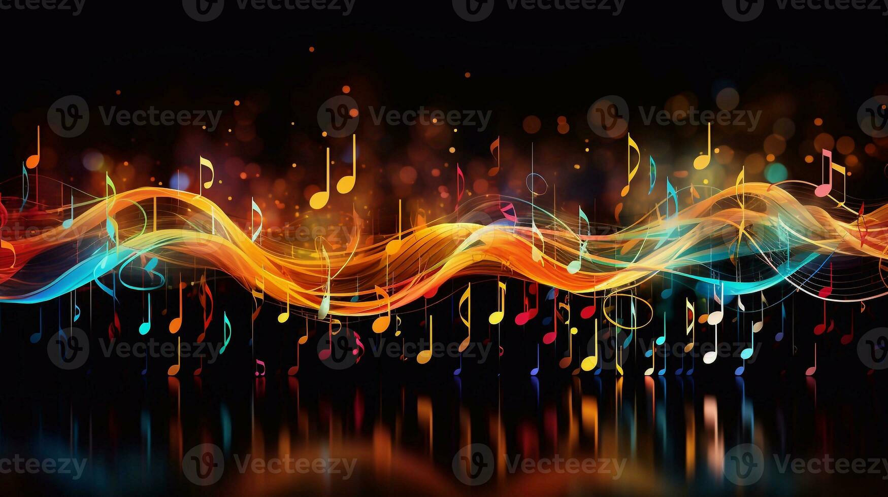 resumen música antecedentes con notas y bokeh luces, ilustración música icono canción hora ondulado forma generativo ai foto