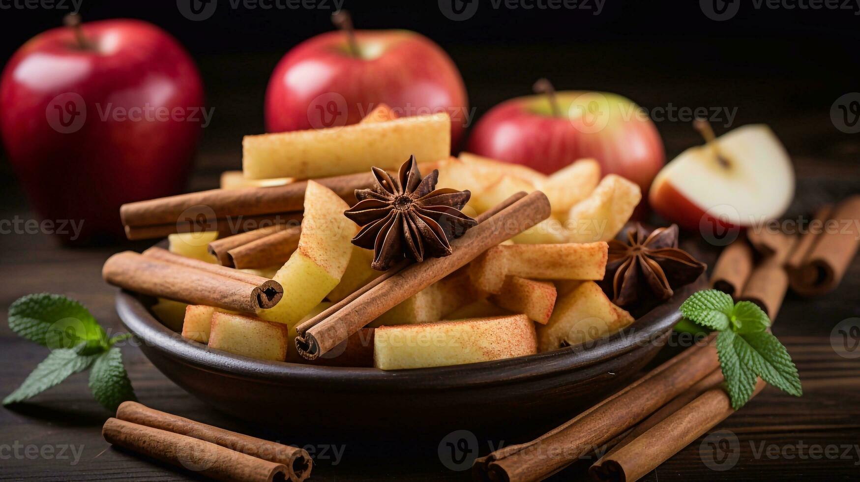 a picture of Bowl with cinnamon sticks, apples and spices on dark wooden background Generative AI photo