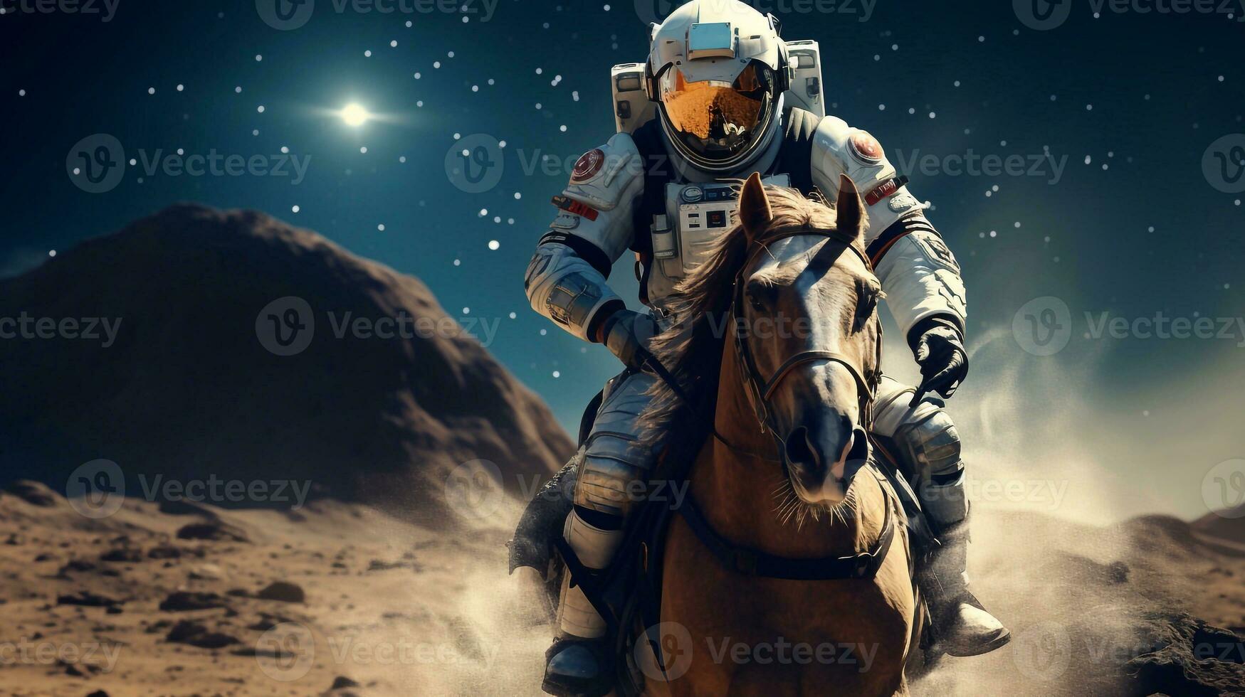 Astronaut riding a horse in the desert. 3d rendering a man riding horse in desert The man saw a light behind him on the Moon with stars in the background Generative AI photo