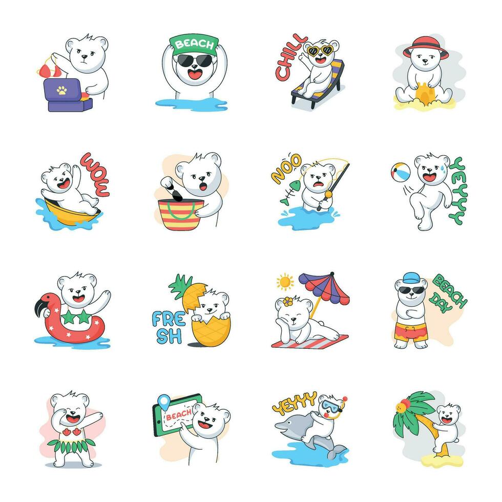 Set of Summer Bears Flat Stickers vector
