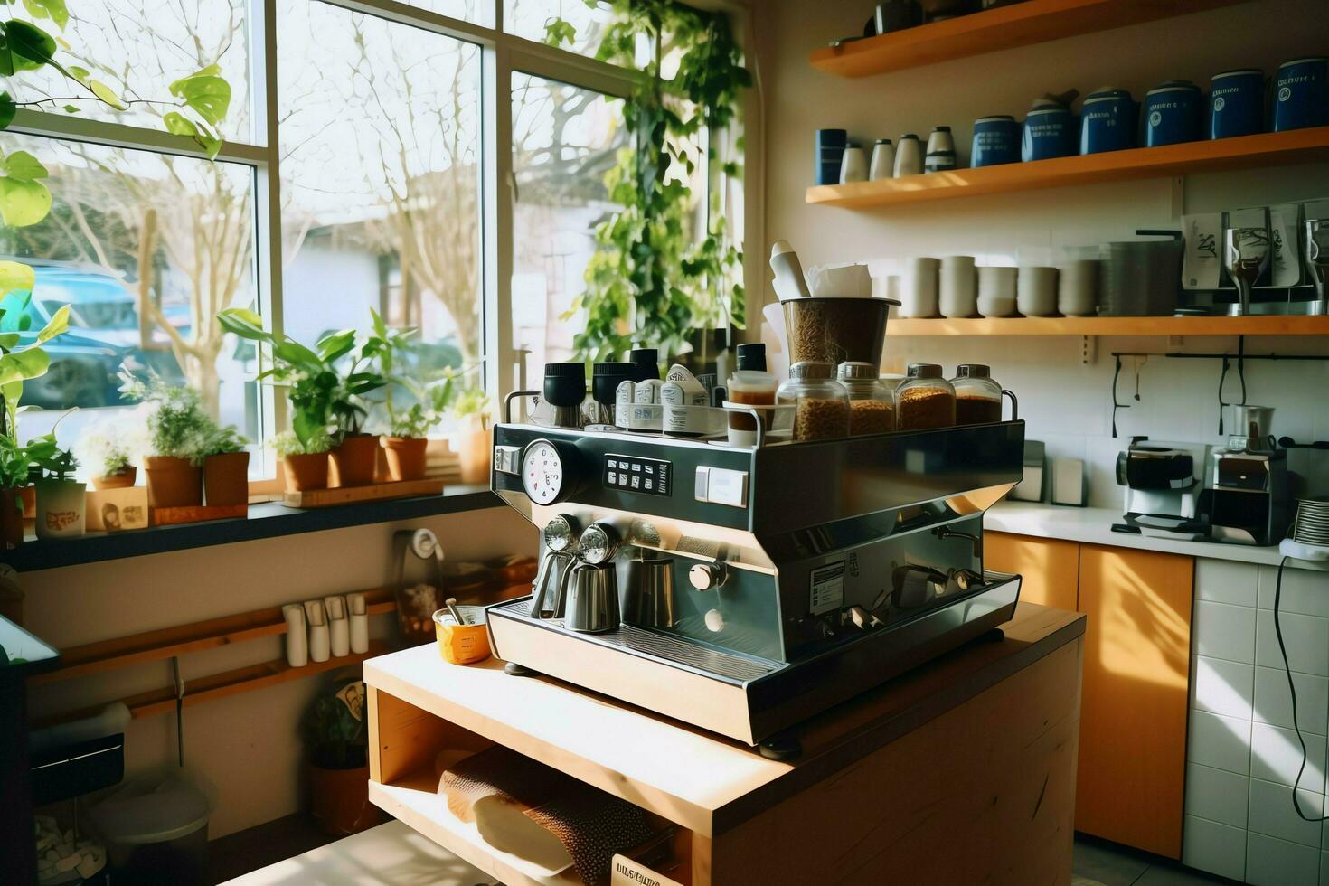 Inside clean kitchen of a modern restaurant or mini cafe with cooking utensils and small bar counter concept by AI Generated photo