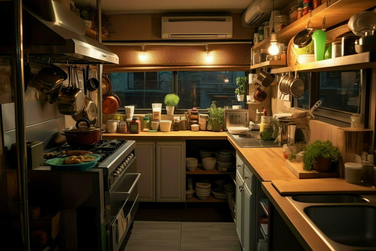 Inside clean kitchen of a modern restaurant or mini cafe with cooking utensils and small bar counter concept by AI Generated photo