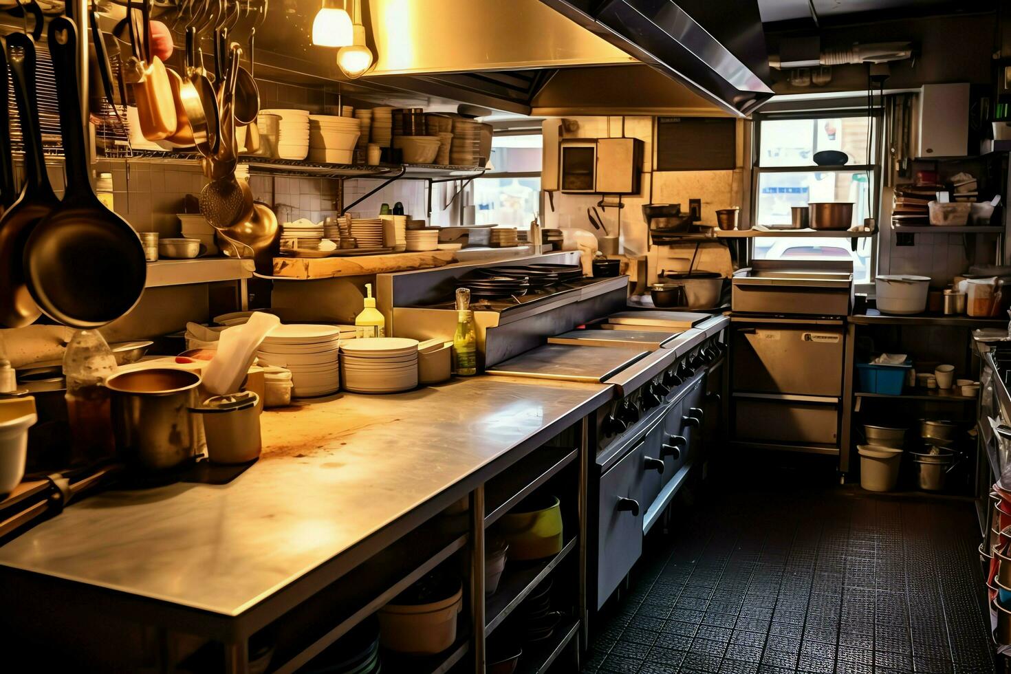 Inside clean kitchen of a modern restaurant or mini cafe with cooking utensils and small bar counter concept by AI Generated photo