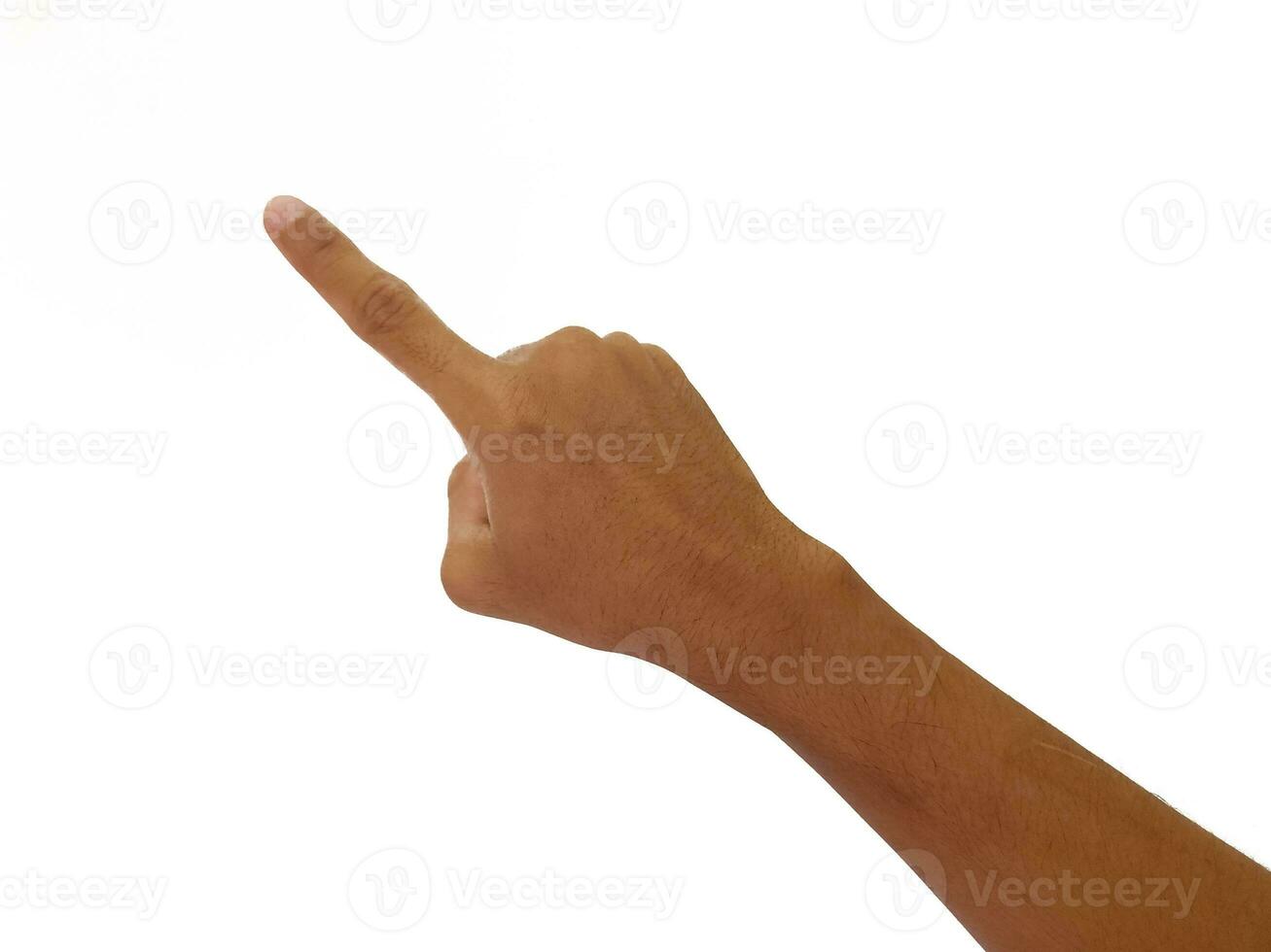 Man pointing at something on white background, closeup of hand photo