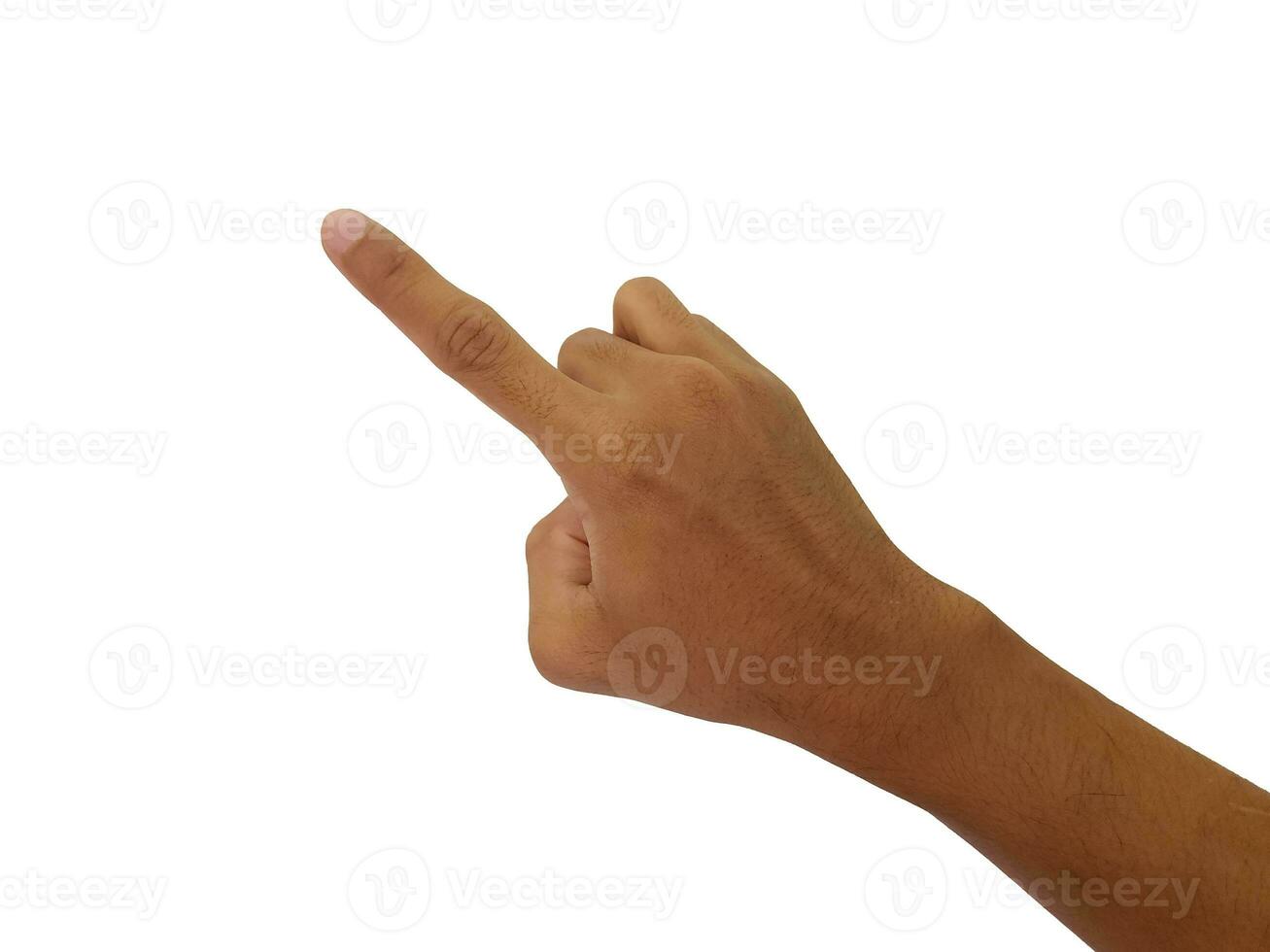 Man pointing at something on white background, closeup of hand photo