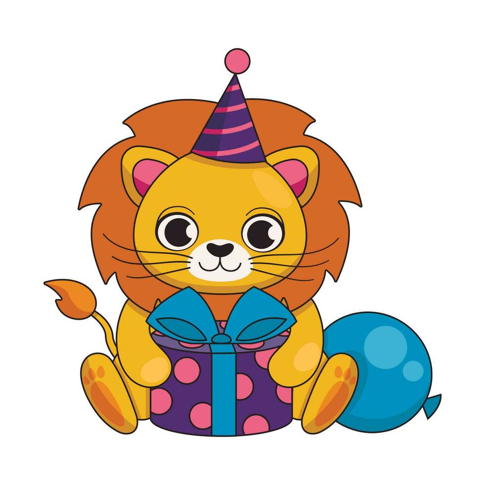 Cute lion in a festive cap with a gift and a balloon. Happy birthday. Vector graphic.