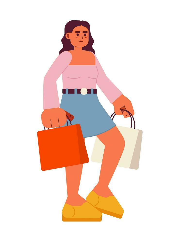 atractivo positivo consumidor semi plano color vector personaje. mujer con compras compras. editable lleno cuerpo persona en blanco. sencillo dibujos animados Mancha ilustración para web gráfico diseño