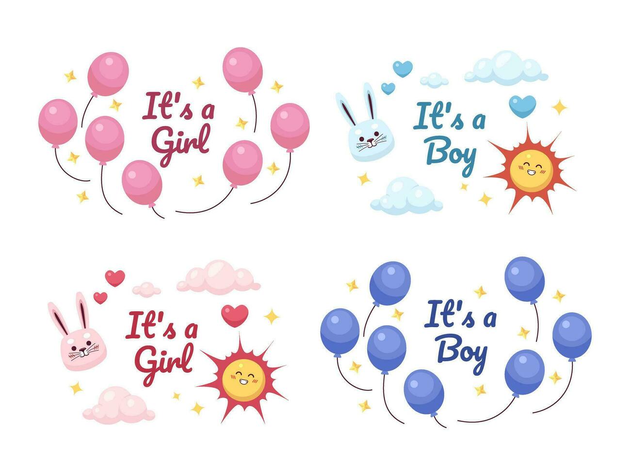 Gender reveal baby shower ecards greeting cards design set. Its a boy, its a girl colorful flat illustrations white background. Newborn party 2D cartoon vector images collection, occasion postcards