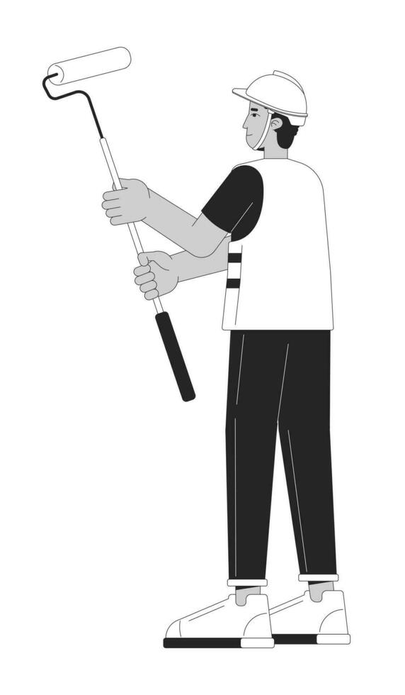 Latin american adult painter holding paint roller black and white 2D line cartoon character. Hispanic guy interior decorator isolated vector outline person. Monochromatic flat spot illustration