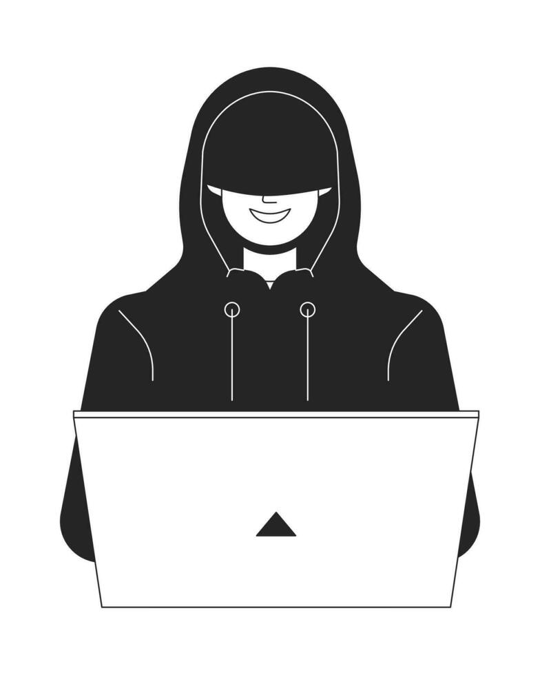 Hacker in hood smiling flat line black white vector character. Coding on laptop. Cyberspace. Editable outline full body person. Simple cartoon isolated spot illustration for web graphic design
