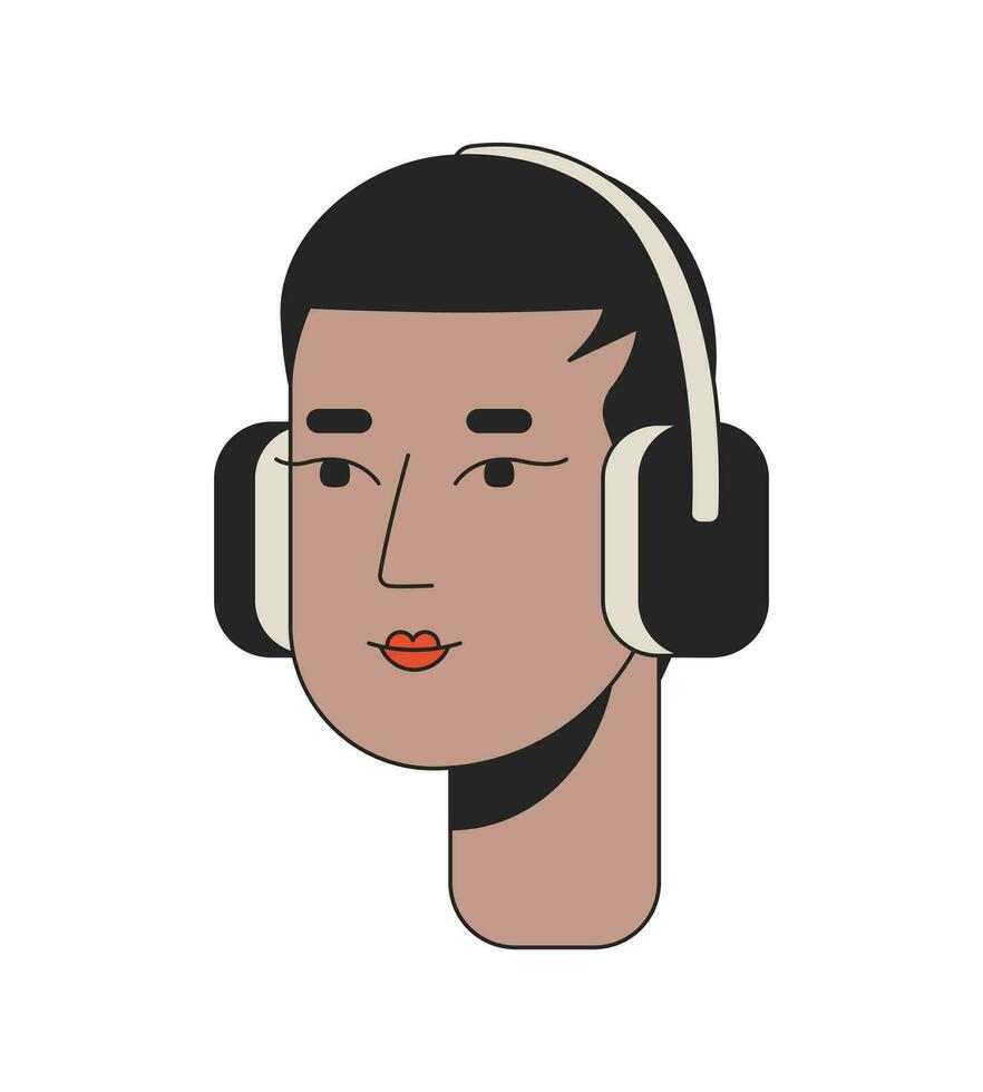 negro corto peludo mujer vistiendo auriculares 2d lineal dibujos animados personaje cabeza. africano americano niña DJ aislado línea vector persona cara blanco antecedentes. desvanecerse Corte de pelo dama color plano Mancha ilustración