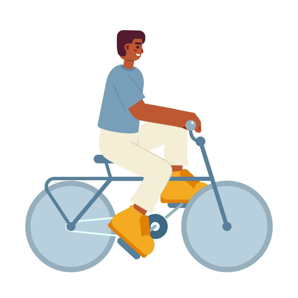 hombre montando en bicicleta semi plano color vector personaje. africano  americano chico en bicicleta. editable lleno cuerpo persona en blanco.  sencillo dibujos animados Mancha ilustración para web gráfico diseño  31617996 Vector en