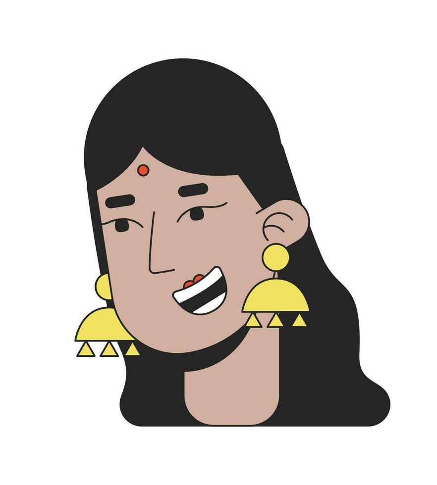 Traditional hindu woman smiling 2D linear cartoon character head. Indian bride isolated line vector person face white background. South asian lady wearing bindi color flat spot illustration