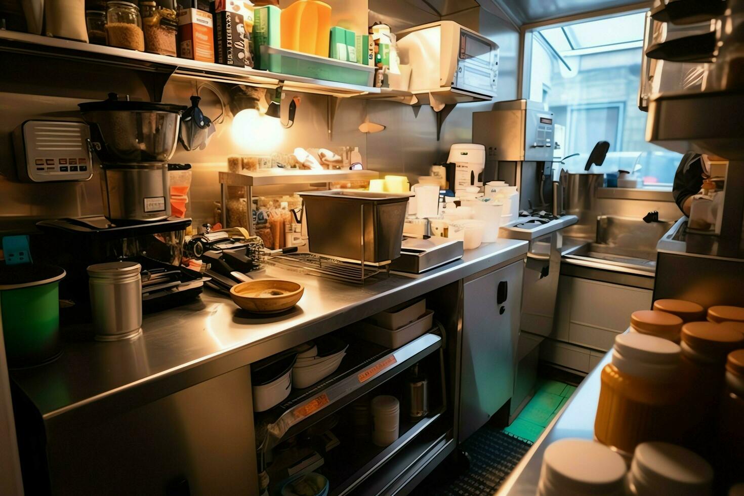 dentro limpiar cocina de un moderno restaurante o mini café con Cocinando utensilios y pequeño bar mostrador concepto por ai generado foto