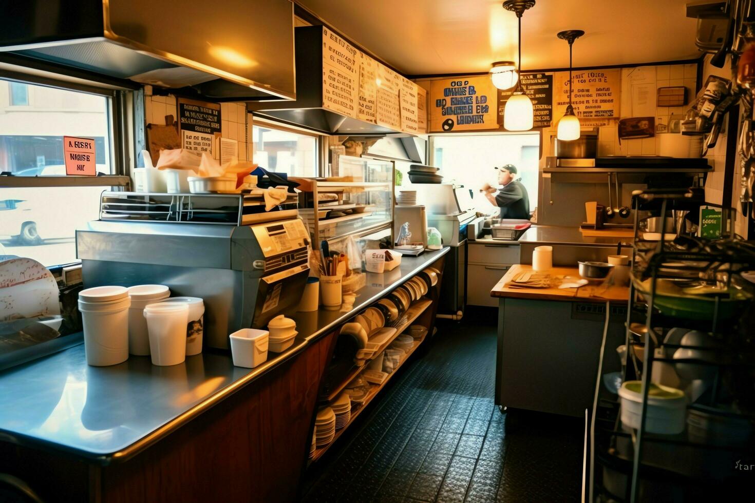 Inside clean kitchen of a modern restaurant or mini cafe with cooking utensils and small bar counter concept by AI Generated photo