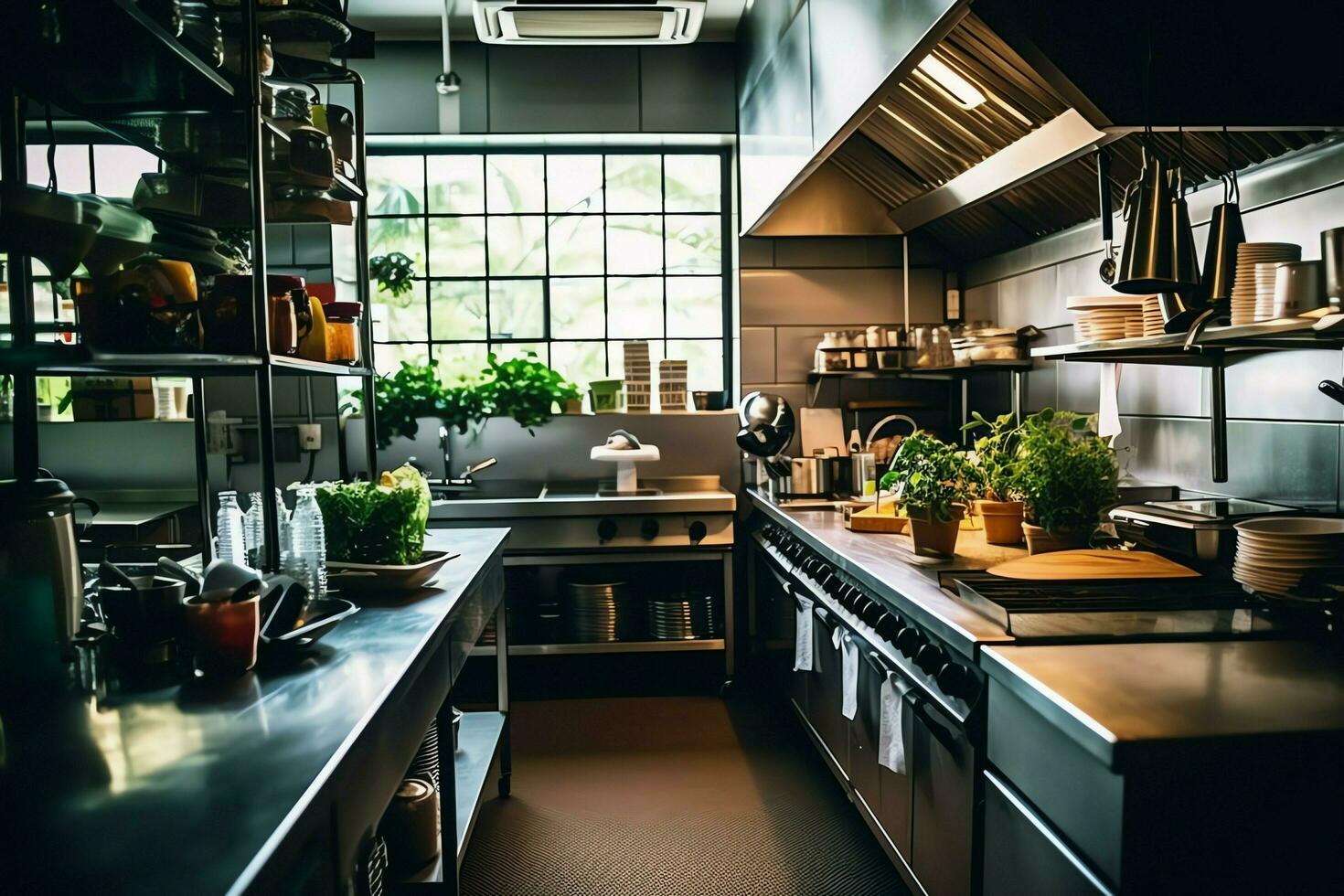 dentro limpiar cocina de un moderno restaurante o mini café con Cocinando utensilios y pequeño bar mostrador concepto por ai generado foto