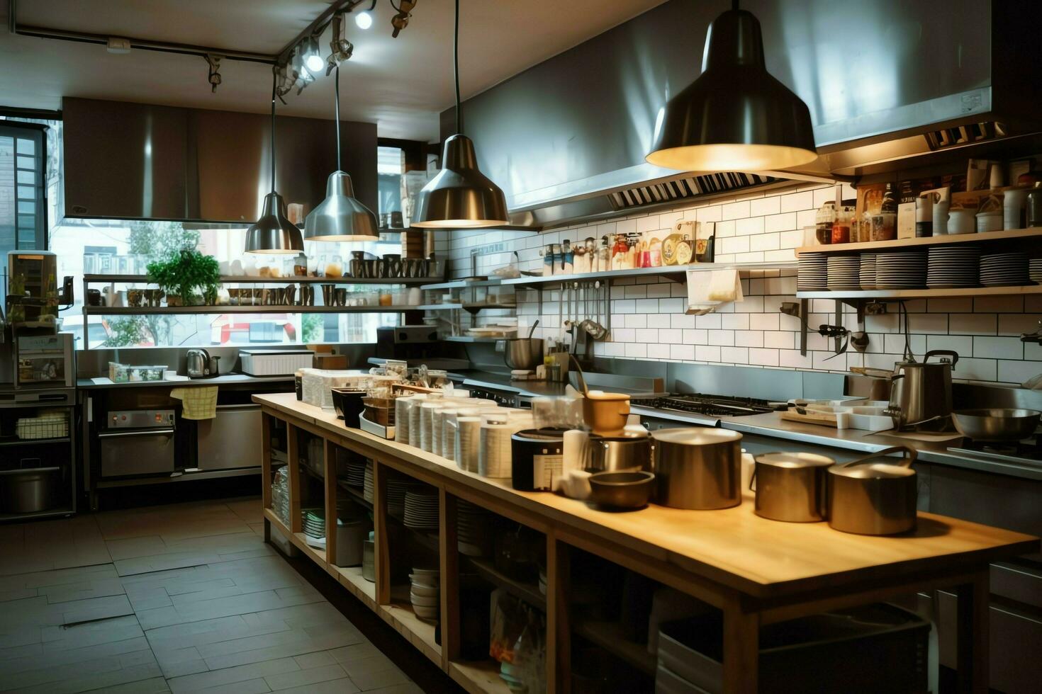 dentro limpiar cocina de un moderno restaurante o mini café con Cocinando utensilios y pequeño bar mostrador concepto por ai generado foto