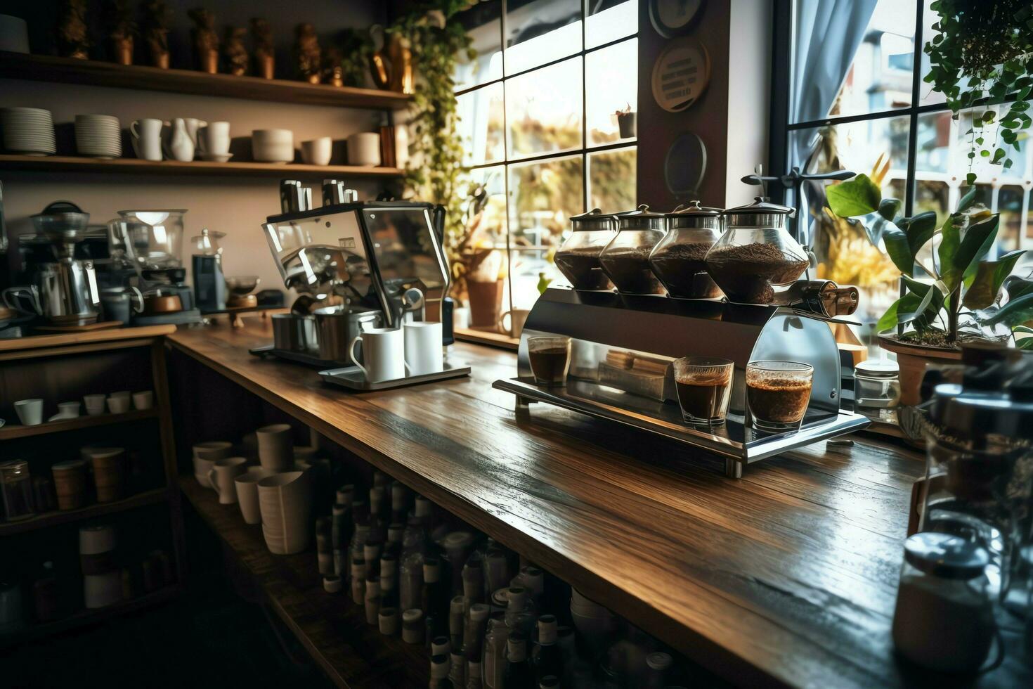 Inside clean kitchen of a modern restaurant or mini cafe with cooking utensils and small bar counter concept by AI Generated photo