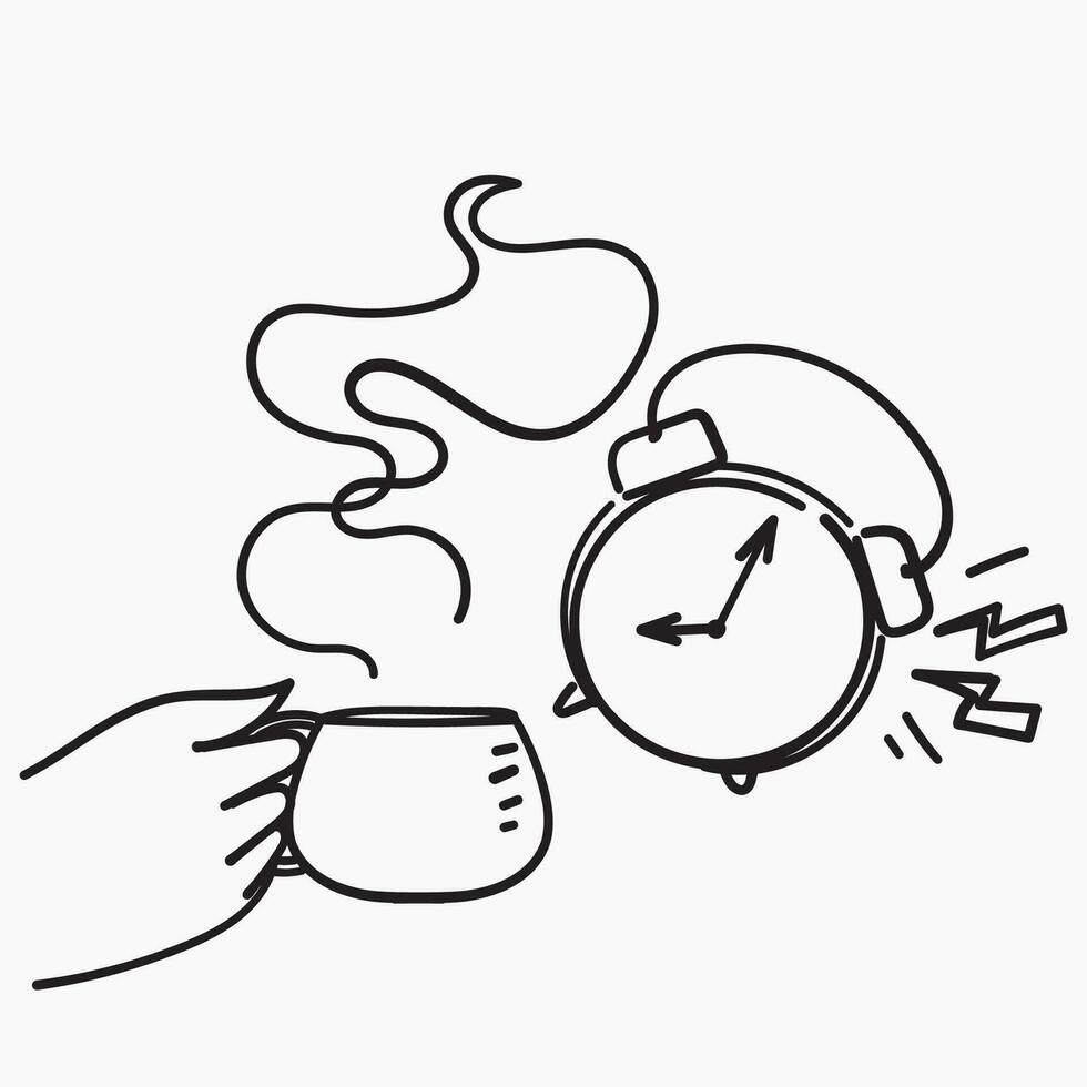 hand drawn doodle hot drink and clock illustration vector