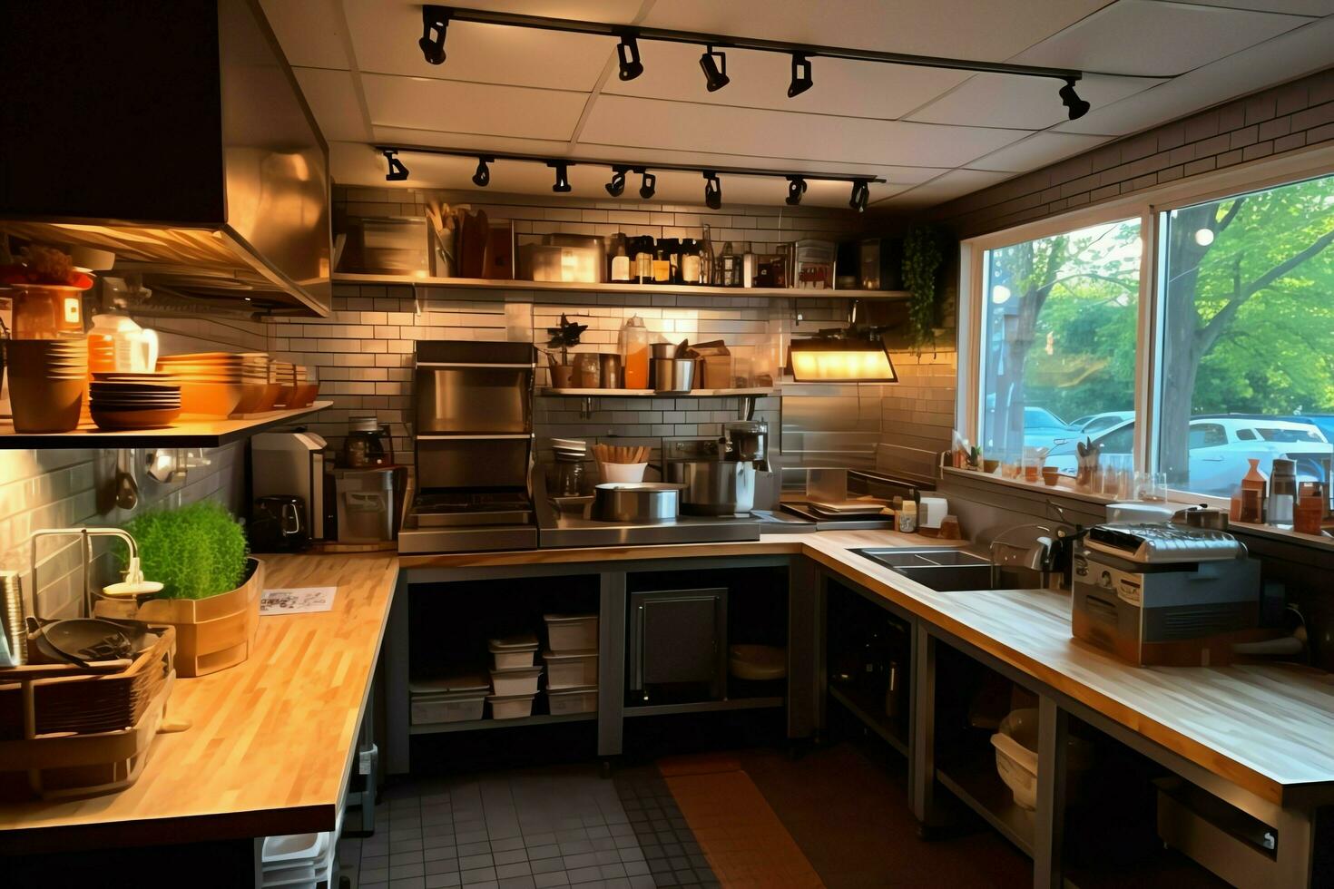 Inside clean kitchen of a modern restaurant or mini cafe with cooking utensils and small bar counter concept by AI Generated photo