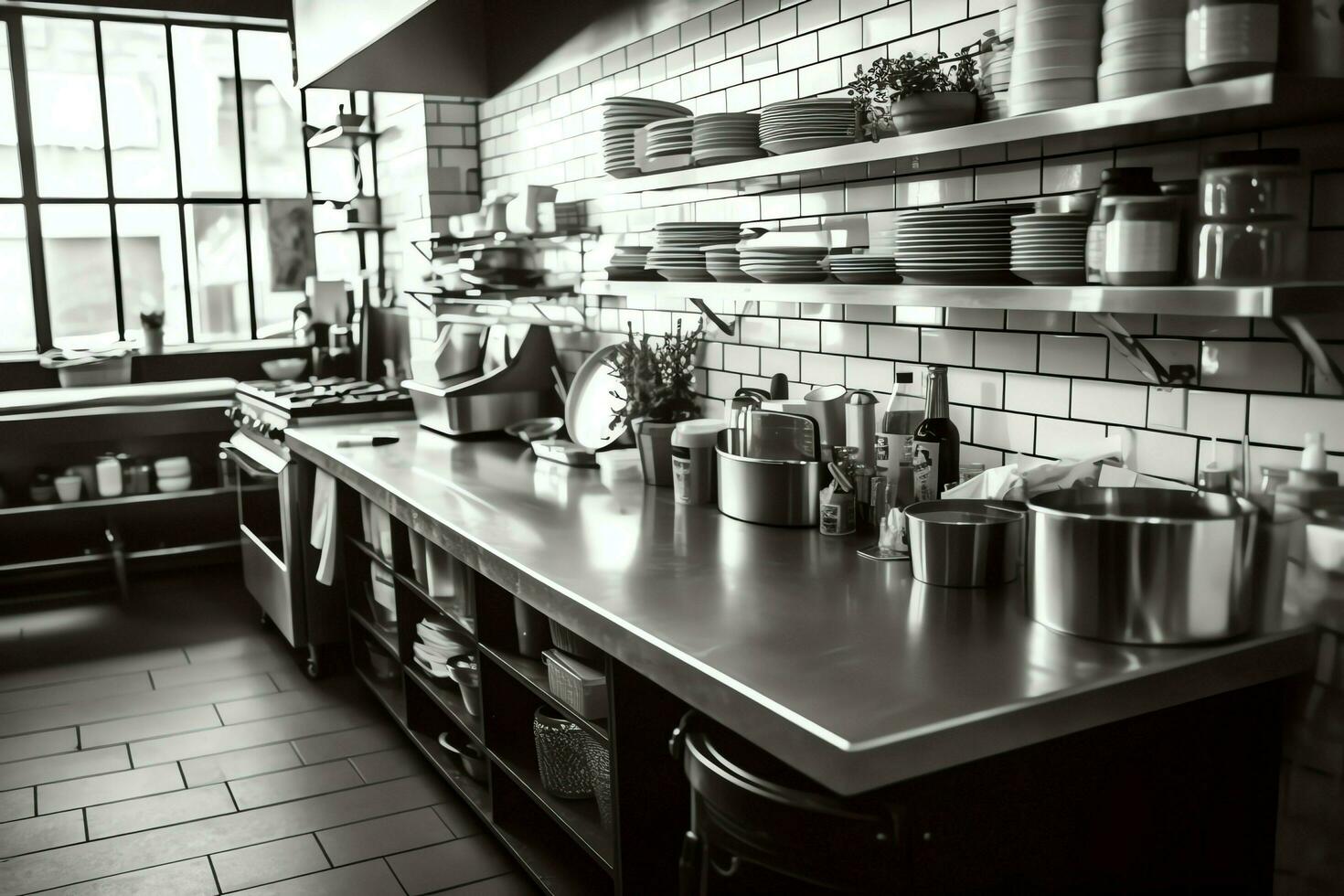 Inside clean kitchen of a modern restaurant or mini cafe with cooking utensils and small bar counter concept by AI Generated photo