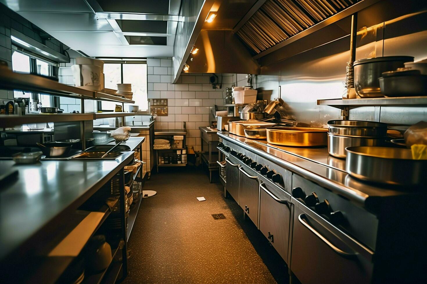 Inside clean kitchen of a modern restaurant or mini cafe with cooking utensils and small bar counter concept by AI Generated photo