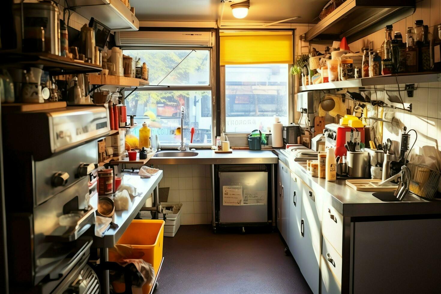 Cocina interior limpia de un restaurante moderno o mini cafetería con  utensilios de cocina y una pequeña barra de bar