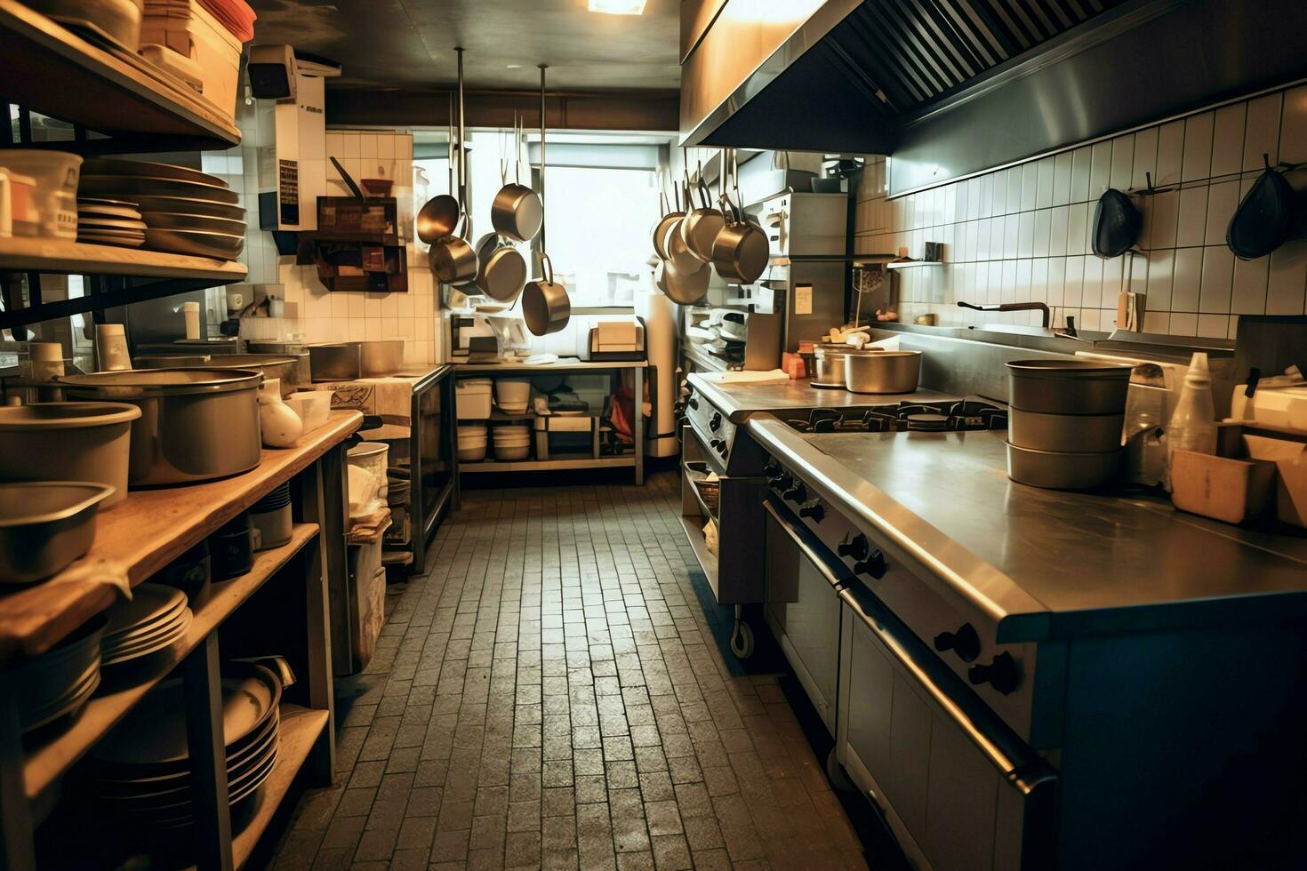 dentro limpiar cocina de un moderno restaurante o mini café con Cocinando utensilios y pequeño bar mostrador concepto por ai generado foto