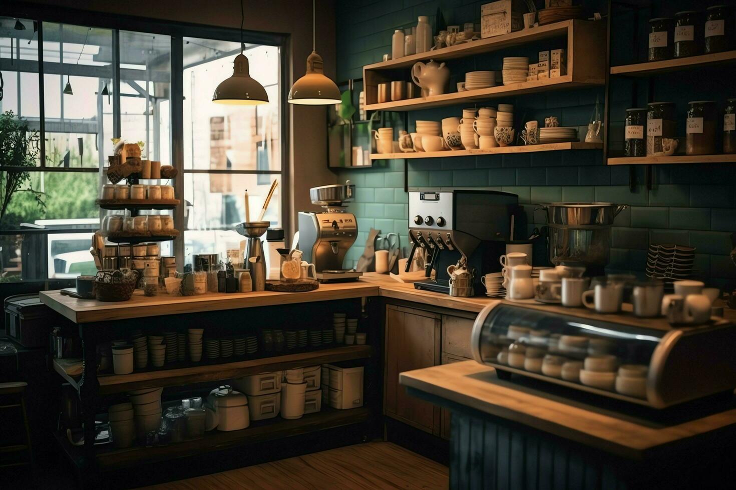 Inside clean kitchen of a modern restaurant or mini cafe with cooking utensils and small bar counter concept by AI Generated photo