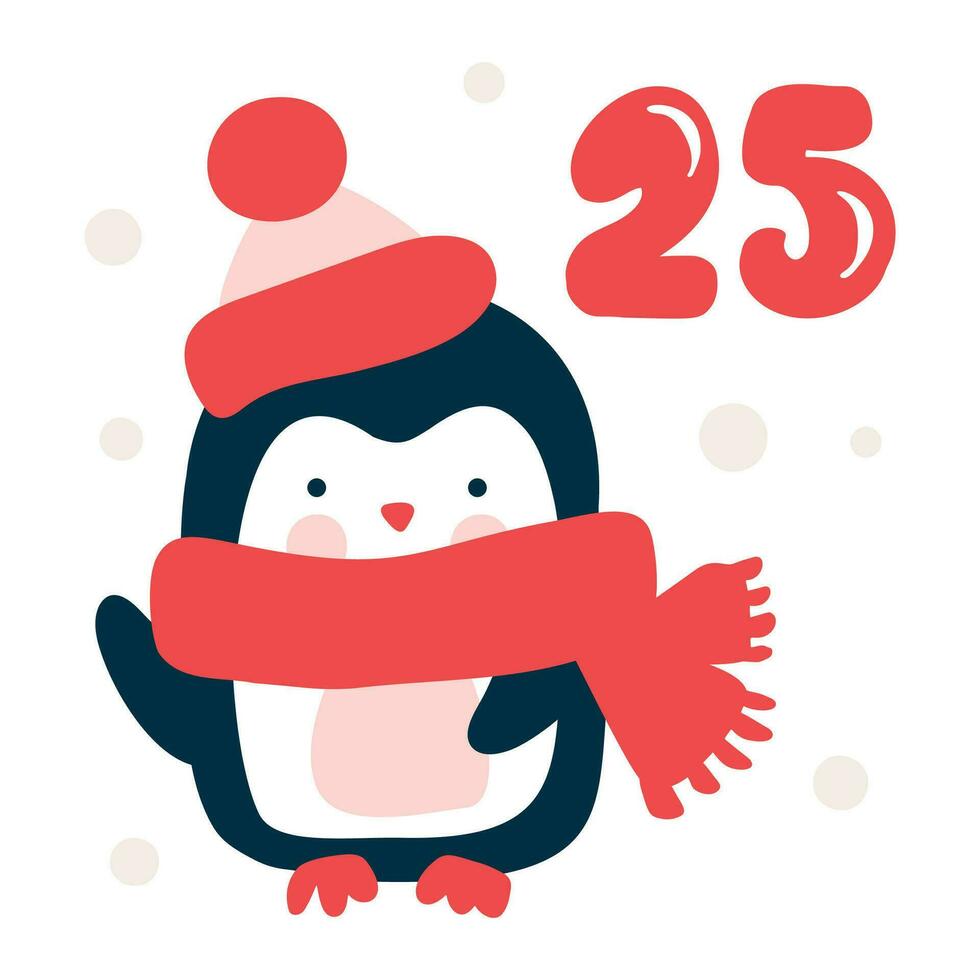 Christmas advent calendar with hand drawn element penguin. Day twenty five 25. Scandinavian style poster. Cute winter illustration for card, poster, kid room decor, nursery art vector