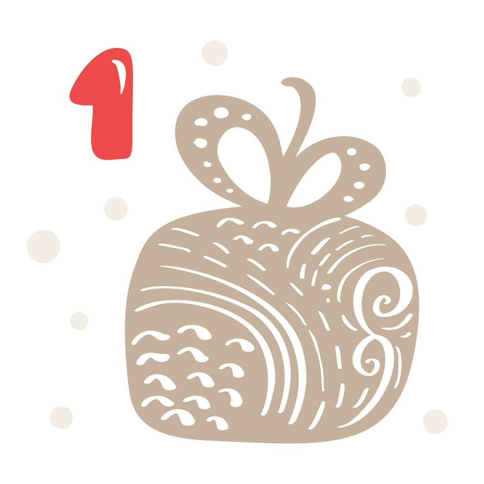 Christmas advent calendar with hand drawn element gift box. Day one 1. Scandinavian style poster. Cute winter illustration for card, poster, kid room decor, nursery art vector
