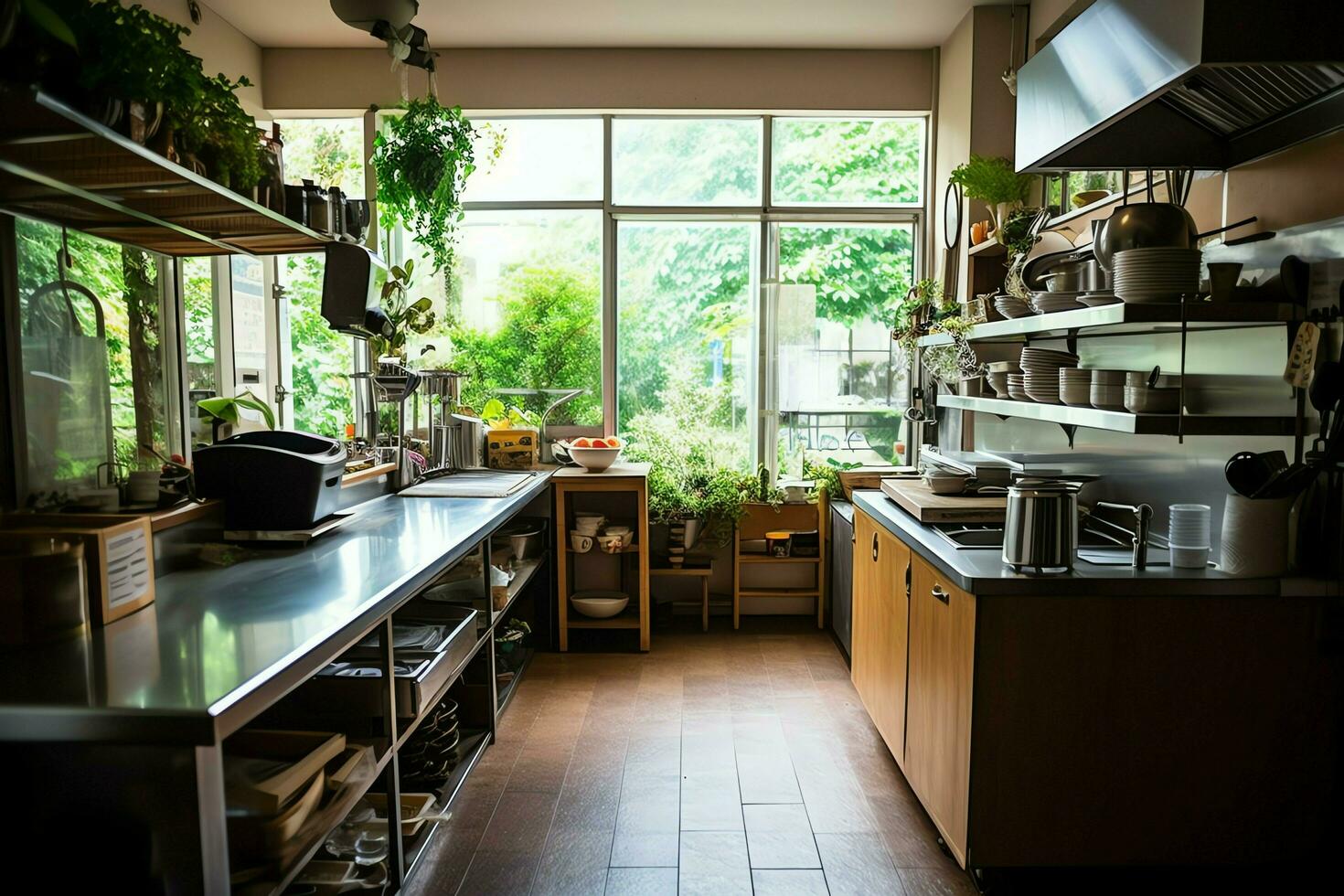 dentro limpiar cocina de un moderno restaurante o mini café con Cocinando utensilios y pequeño bar mostrador concepto por ai generado foto