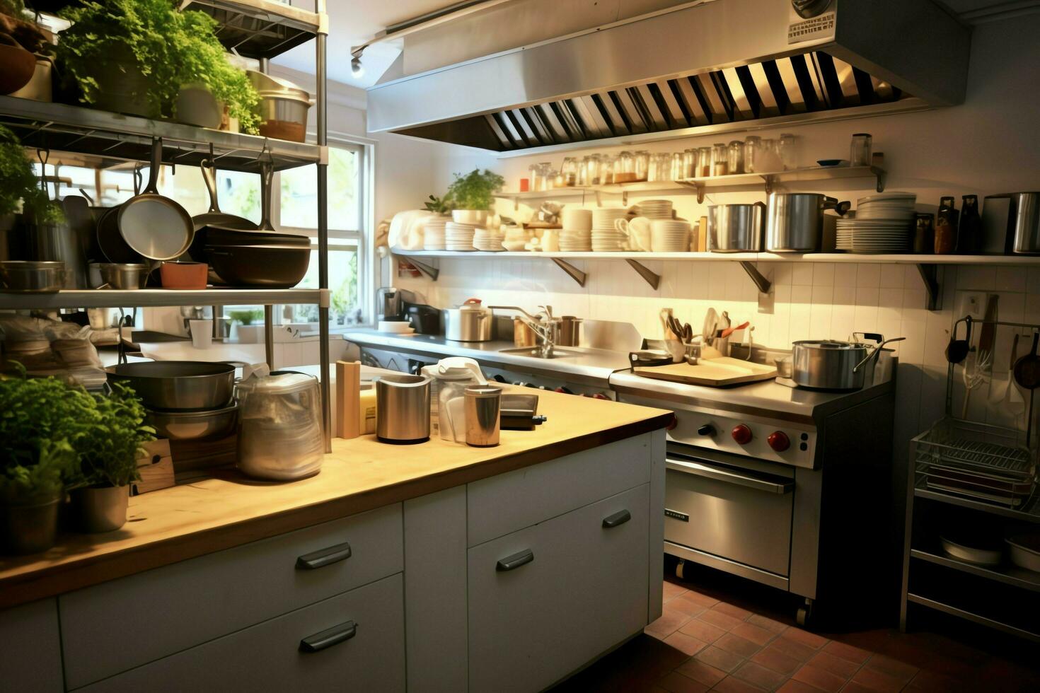 Inside clean kitchen of a modern restaurant or mini cafe with cooking utensils and small bar counter concept by AI Generated photo