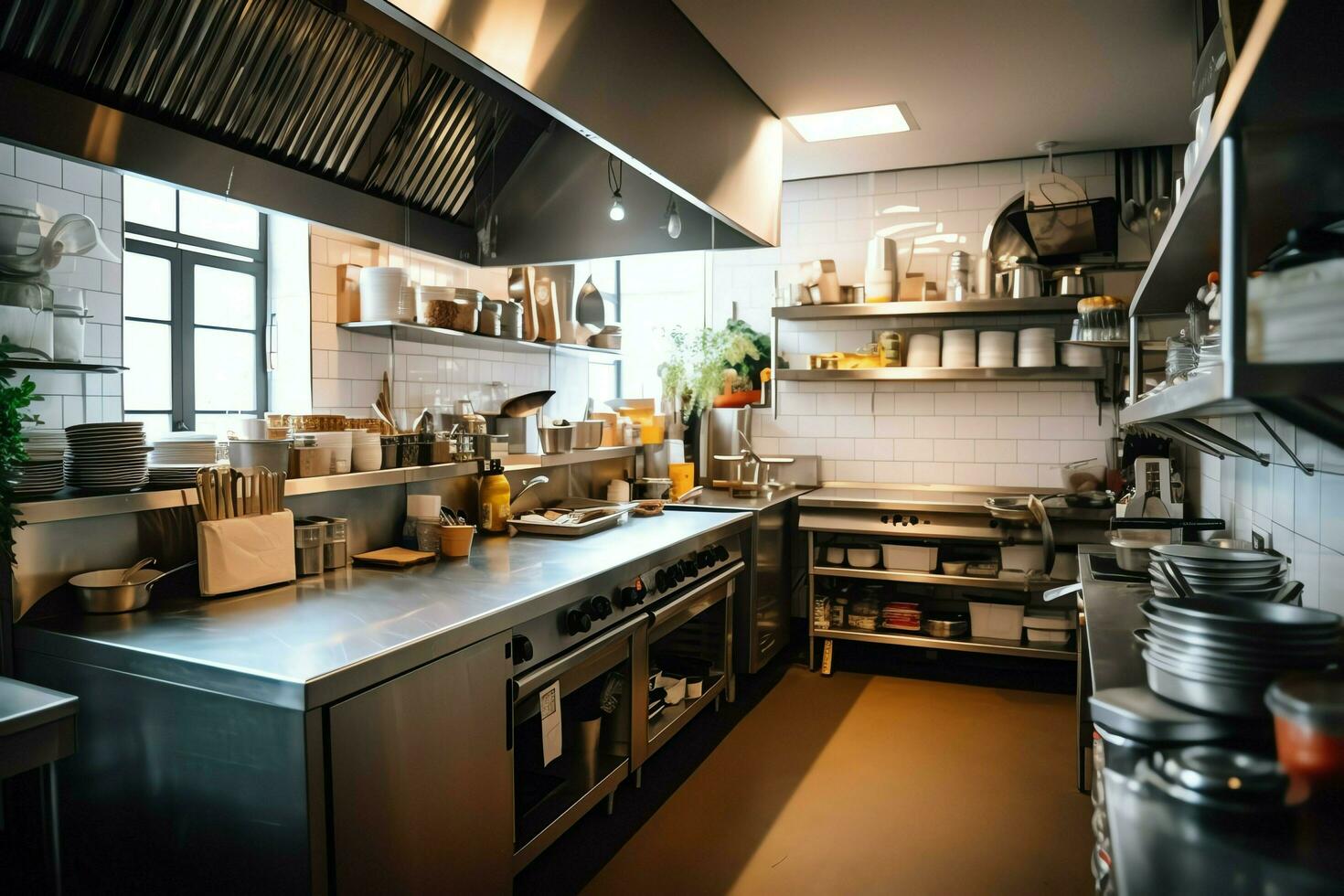 Inside clean kitchen of a modern restaurant or mini cafe with cooking utensils and small bar counter concept by AI Generated photo