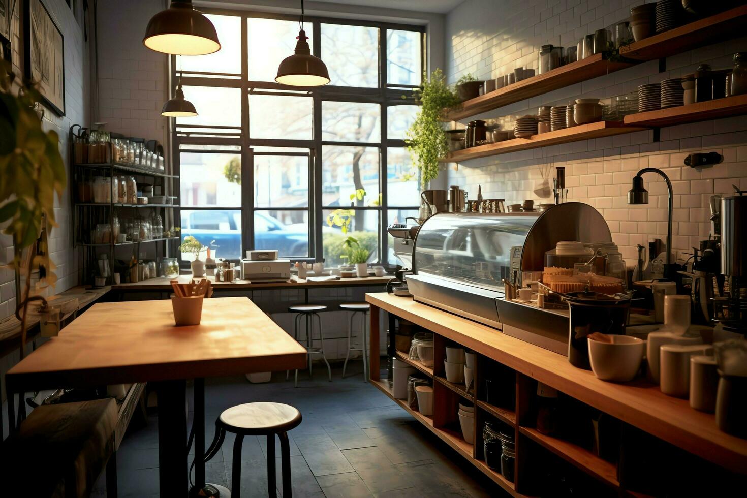 Inside clean kitchen of a modern restaurant or mini cafe with cooking utensils and small bar counter concept by AI Generated photo