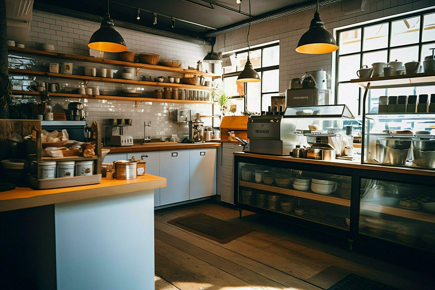 Inside clean kitchen of a modern restaurant or mini cafe with cooking utensils and small bar counter concept by AI Generated photo