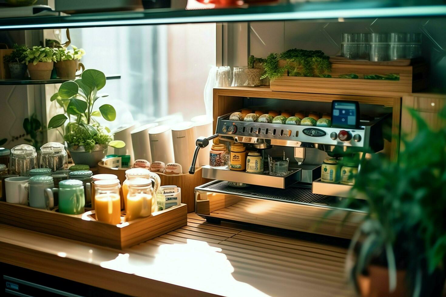 Inside clean kitchen of a modern restaurant or mini cafe with cooking utensils and small bar counter concept by AI Generated photo