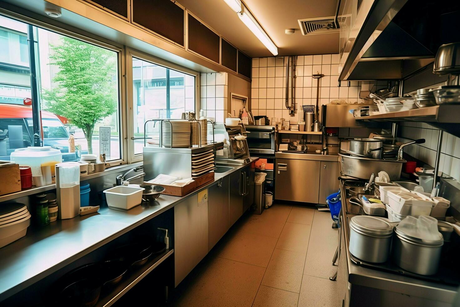 dentro limpiar cocina de un moderno restaurante o mini café con Cocinando utensilios y pequeño bar mostrador concepto por ai generado foto