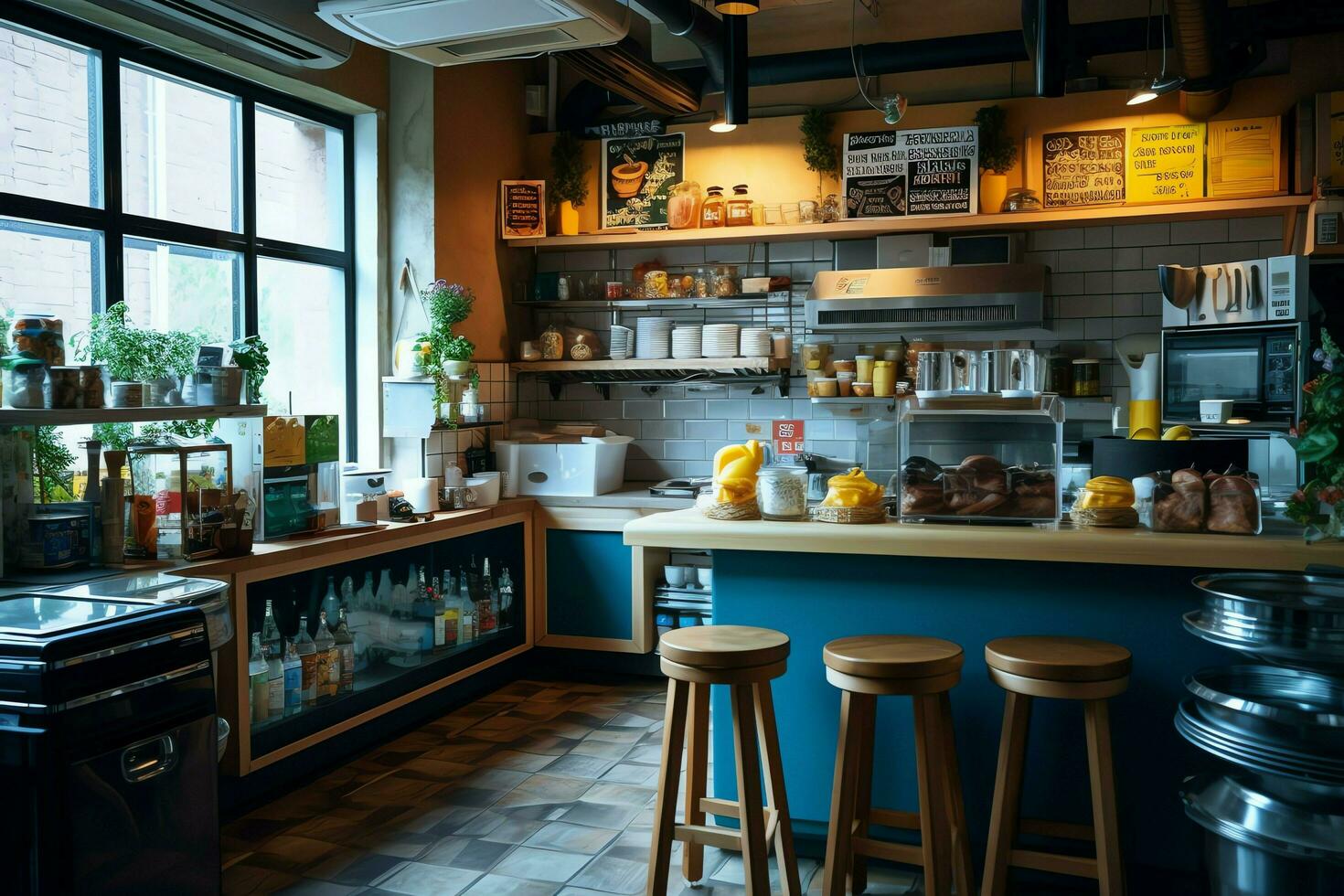 Inside clean kitchen of a modern restaurant or mini cafe with cooking utensils and small bar counter concept by AI Generated photo