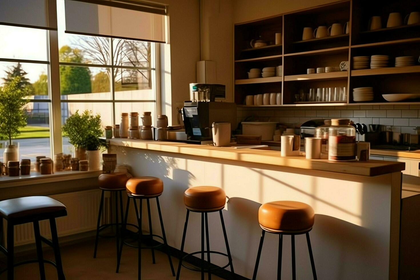 Inside clean kitchen of a modern restaurant or mini cafe with cooking utensils and small bar counter concept by AI Generated photo