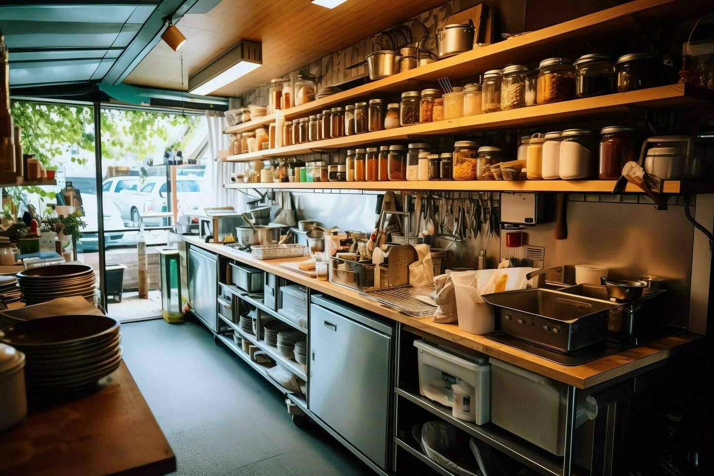 Inside clean kitchen of a modern restaurant or mini cafe with cooking utensils and small bar counter concept by AI Generated photo