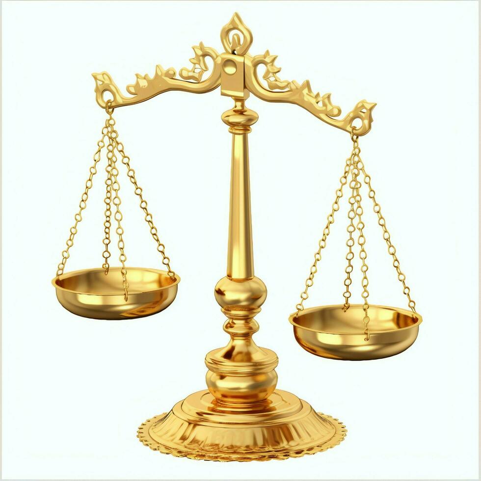 Clásico oro equilibrar escala medida o ley justicia símbolo. abogados día o mundo día de social justicia concepto por ai generado foto