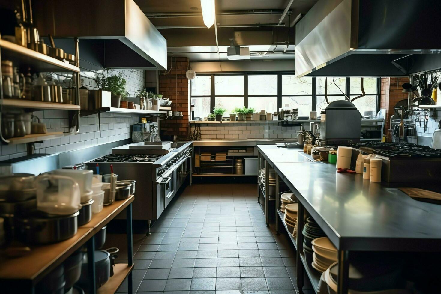 Inside clean kitchen of a modern restaurant or mini cafe with cooking utensils and small bar counter concept by AI Generated photo