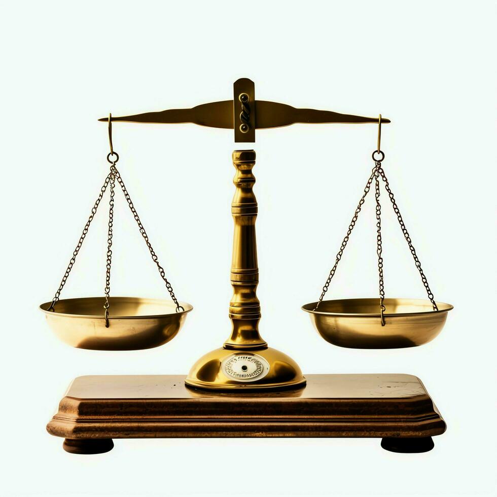Clásico oro equilibrar escala medida o ley justicia símbolo. abogados día o mundo día de social justicia concepto por ai generado foto