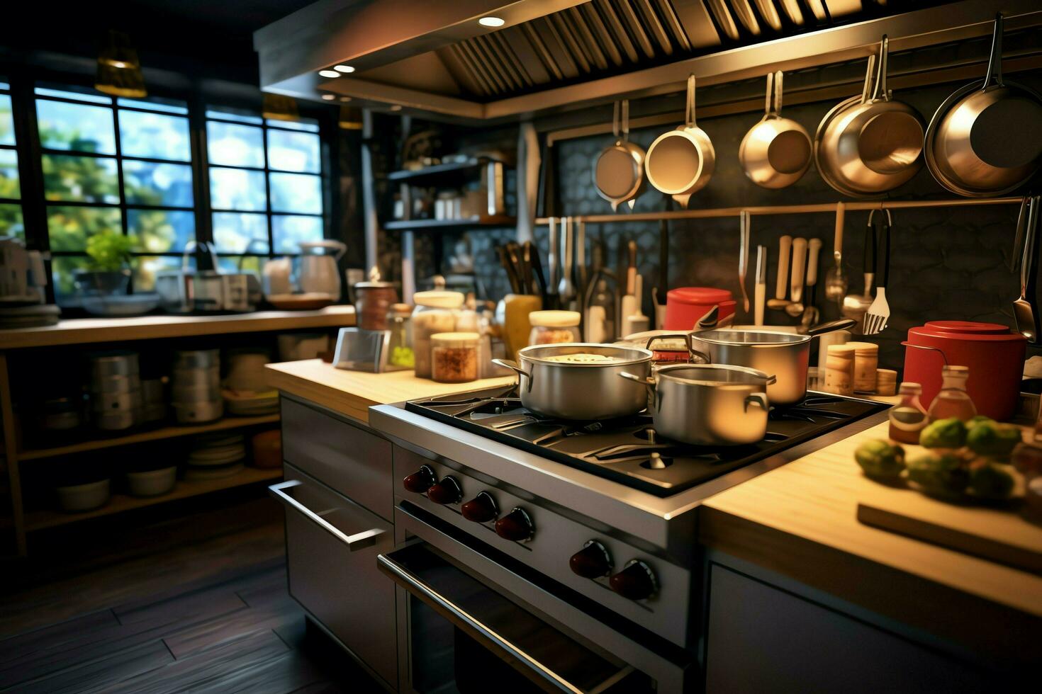 Inside clean kitchen of a modern restaurant or mini cafe with cooking utensils and small bar counter concept by AI Generated photo