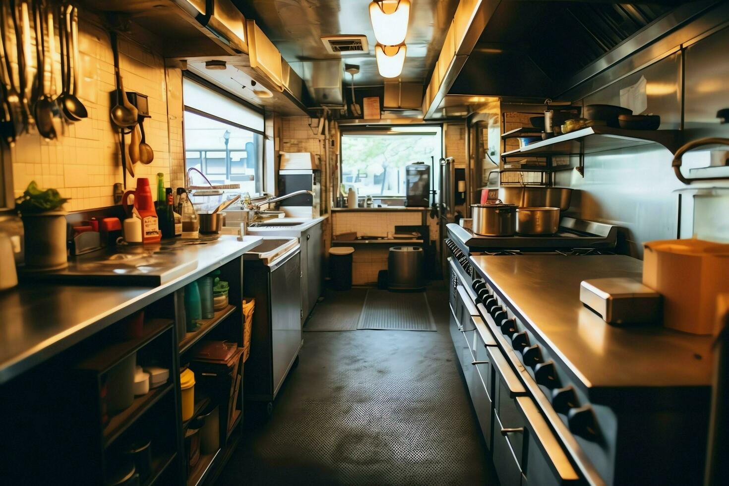 Inside clean kitchen of a modern restaurant or mini cafe with cooking utensils and small bar counter concept by AI Generated photo