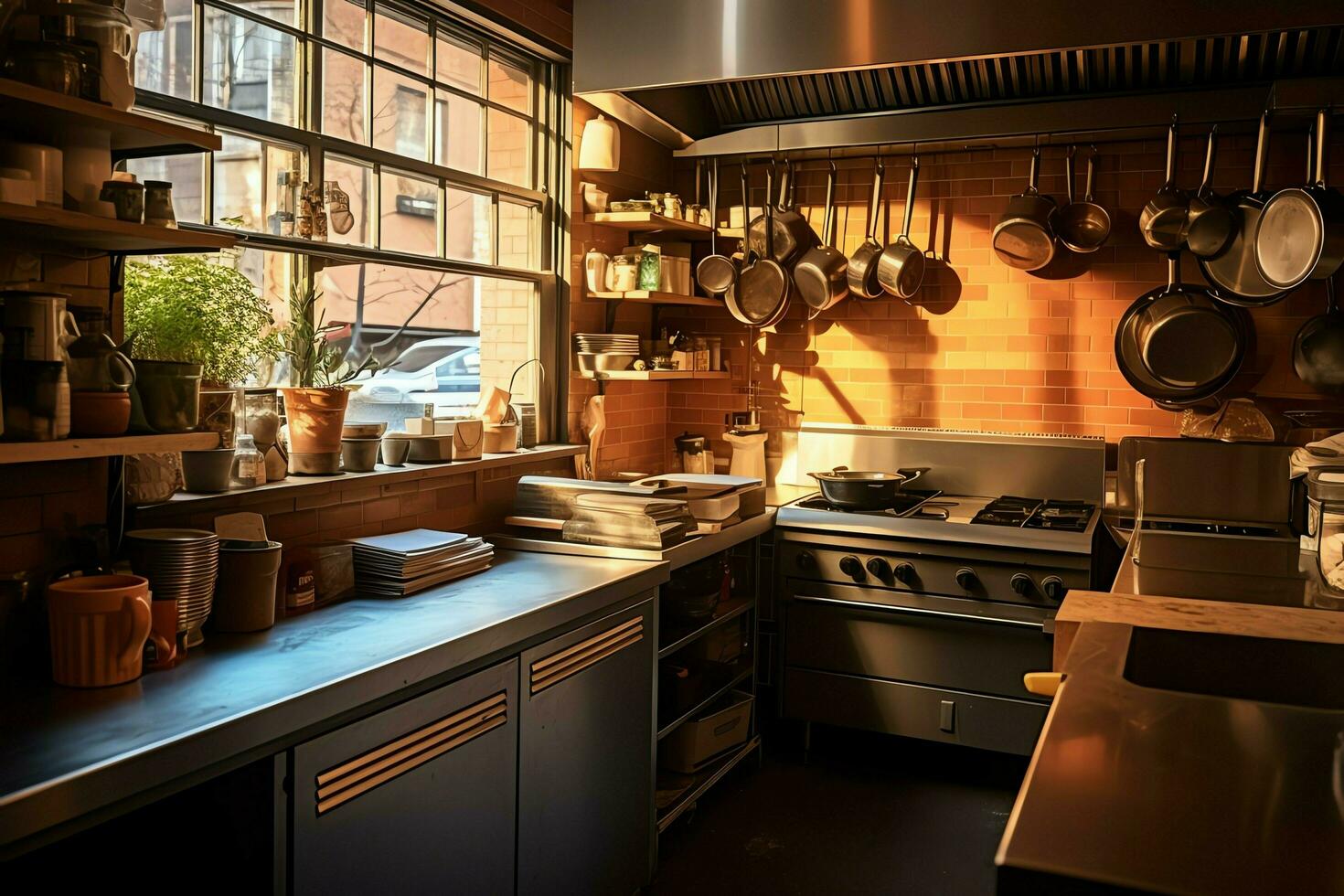 Inside clean kitchen of a modern restaurant or mini cafe with cooking utensils and small bar counter concept by AI Generated photo