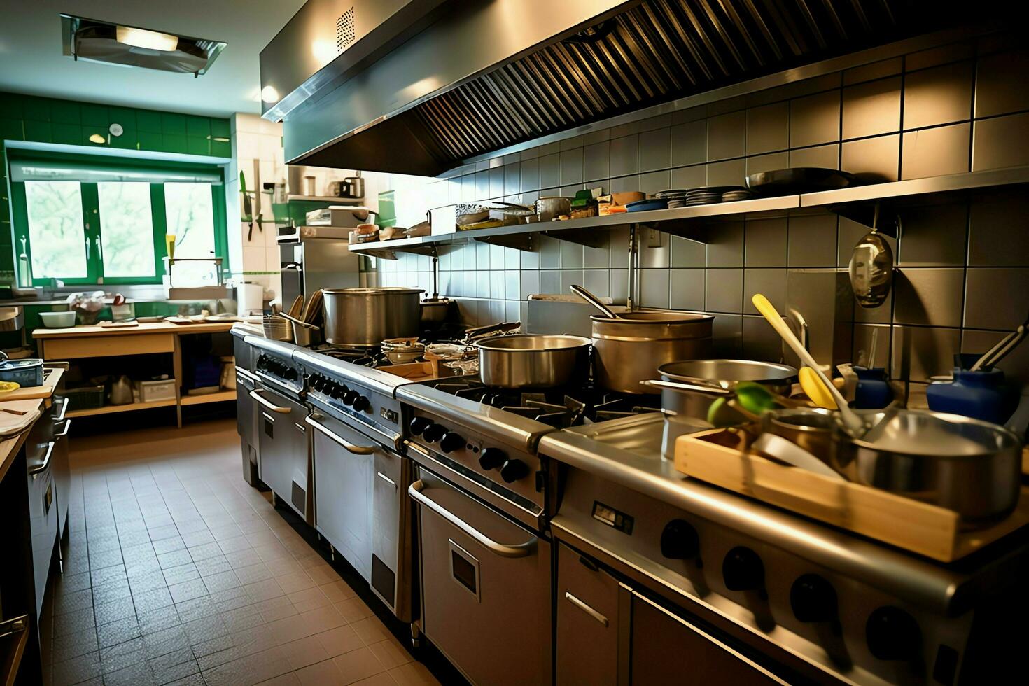 Inside clean kitchen of a modern restaurant or mini cafe with cooking utensils and small bar counter concept by AI Generated photo