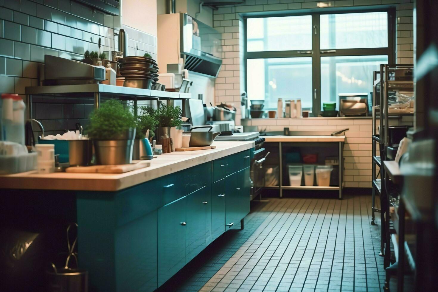 dentro limpiar cocina de un moderno restaurante o mini café con Cocinando utensilios y pequeño bar mostrador concepto por ai generado foto