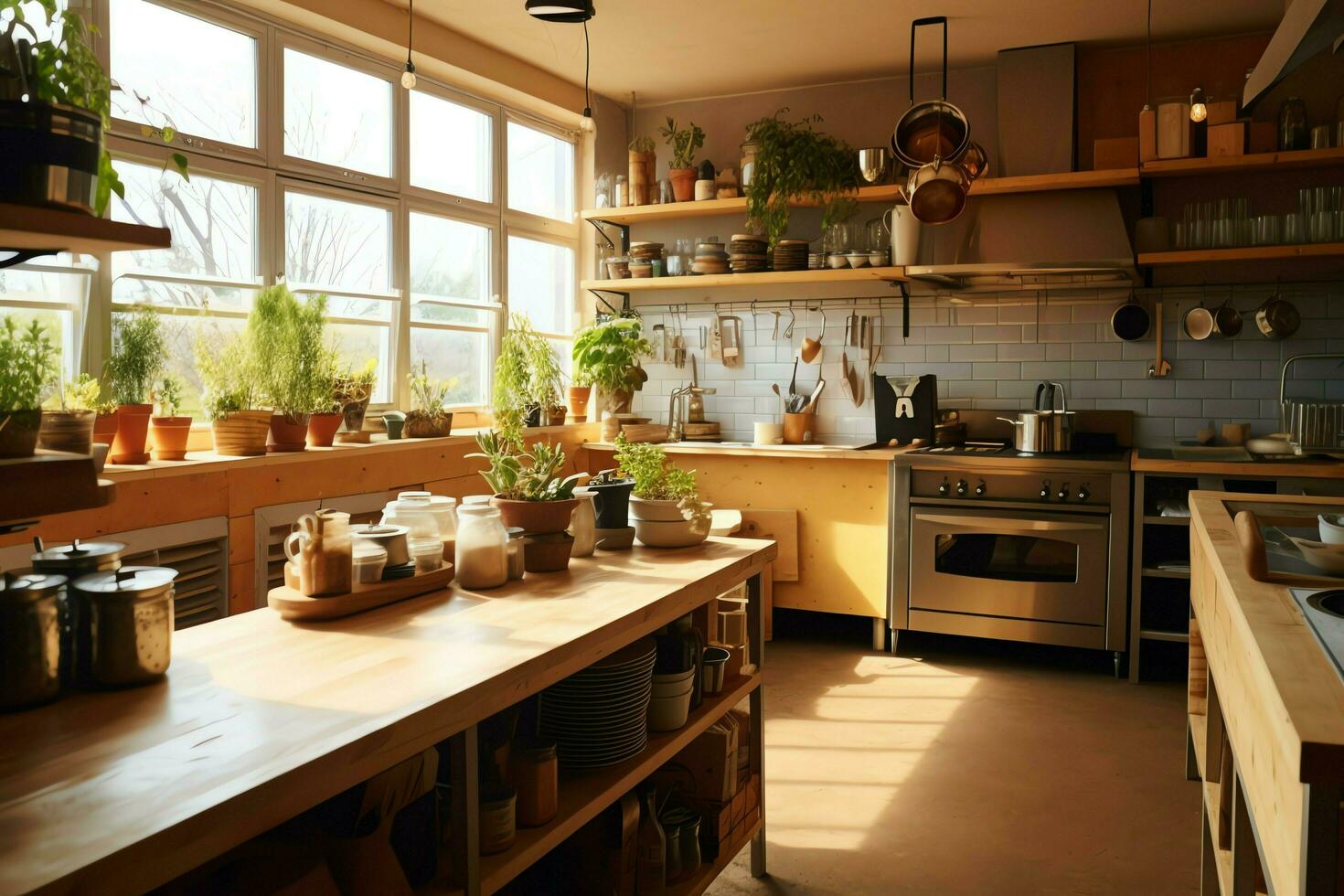 Inside clean kitchen of a modern restaurant or mini cafe with cooking utensils and small bar counter concept by AI Generated photo